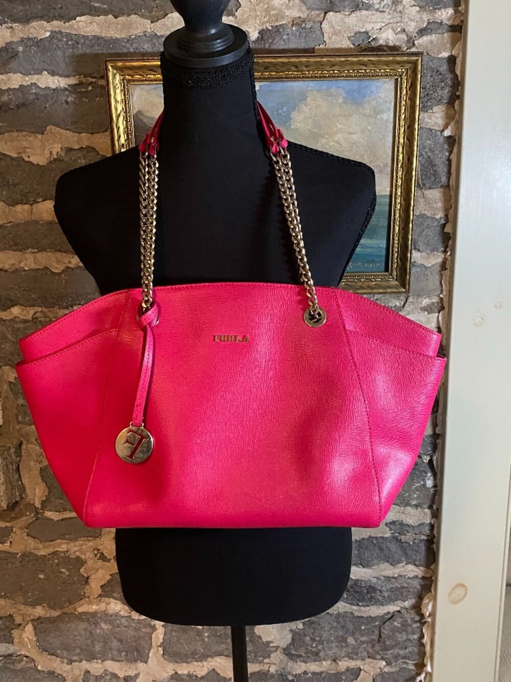 Furla Fuscia Pink Leather Shoulder Tote Bag with Gold Chain Straps